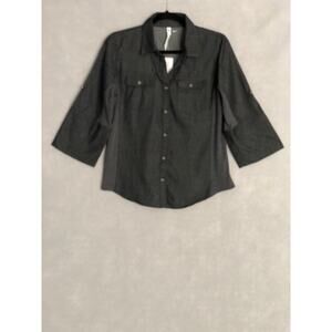 NY Collection Petite Button-Down Top Women's PM Chambray Knit Panel Charcoal NEW